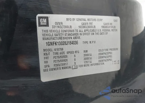 2008 Chevrolet Tahoe Ltz z USA, uszkodzony, nr VIN 1GNFK13028J184036